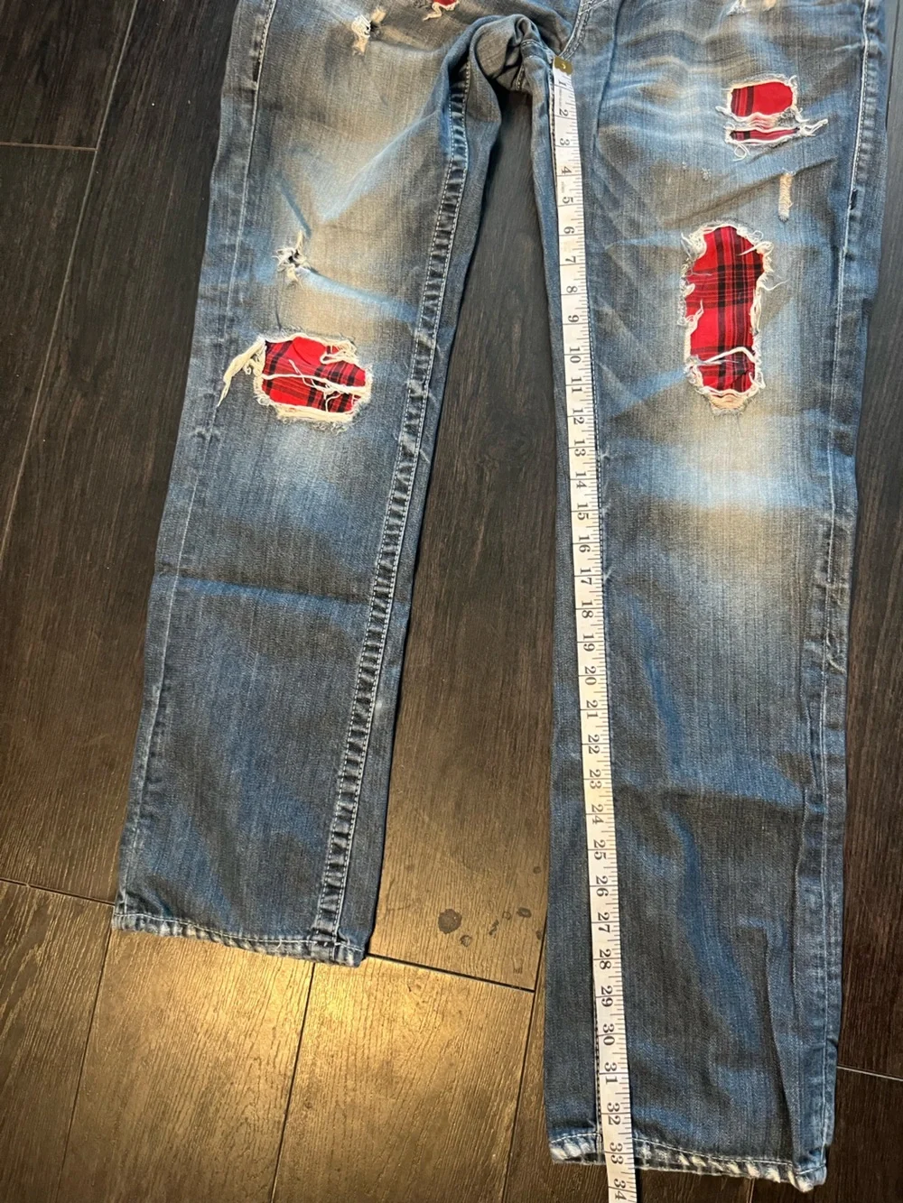 True Religion Men's Distressed Blue Slim Straight Jeans with Red Plaid Insets